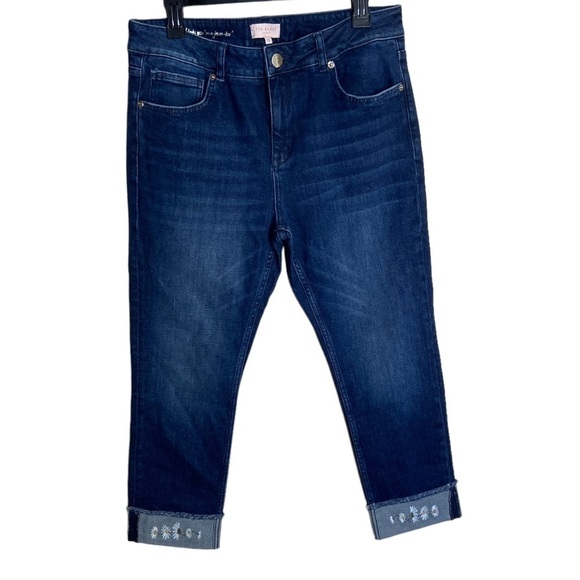 NWT Ted Baker Pralina Embroidered Raw Hem Cotton Stretch Jeans Dark Blue Size 32 - Picture 2 of 6
